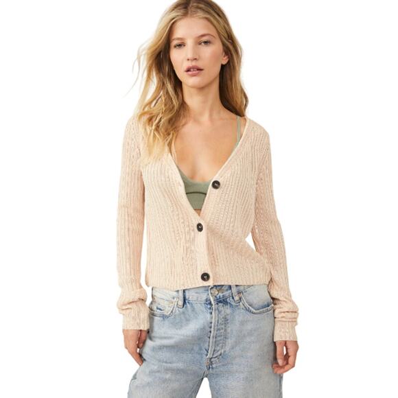 Free People Game On Women's Pink Knit‎ V-neck Button Front Silky Cardigan Small - Picture 1 of 10